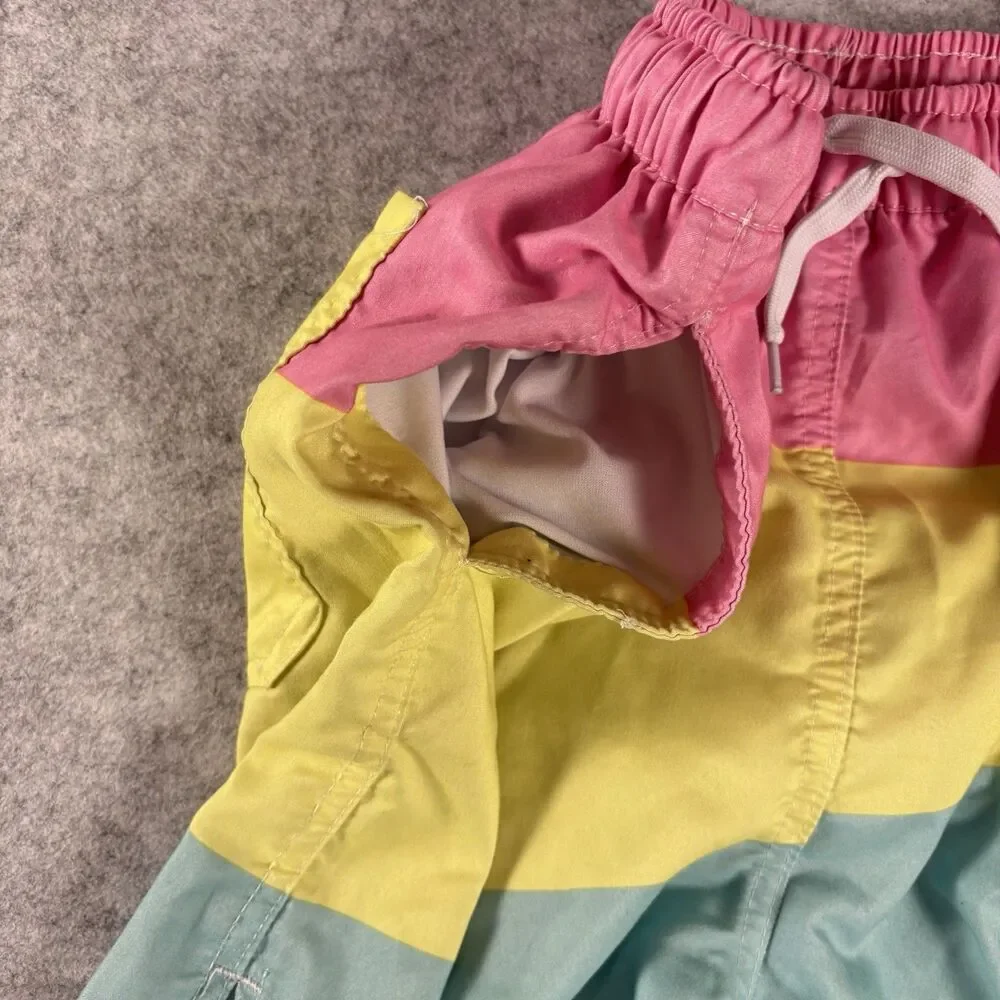 Buc-ees Bucees Swim Trunks Pink Yellow Green Bright w/ Pockets Mens L Mid Length
